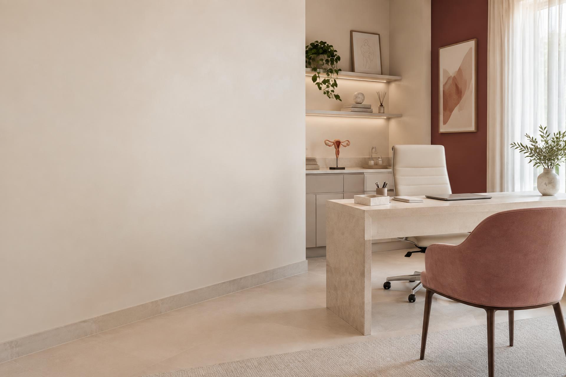 Ambiente de consultório ilustrativo em tons claros e rosé, com luz natural